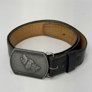 US Army Reserve 104th Division Wolf Belt Buckle Black Leather Strap Mens Size 38